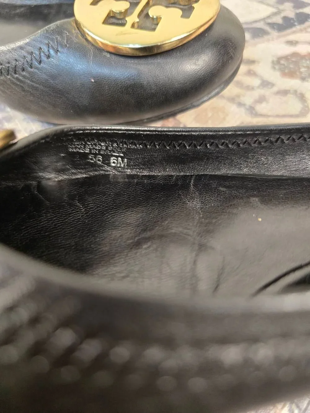 Tory Burch Reva Black Genuine Leather Gold Logo Emblem Ballet Flats Shoes 6 M